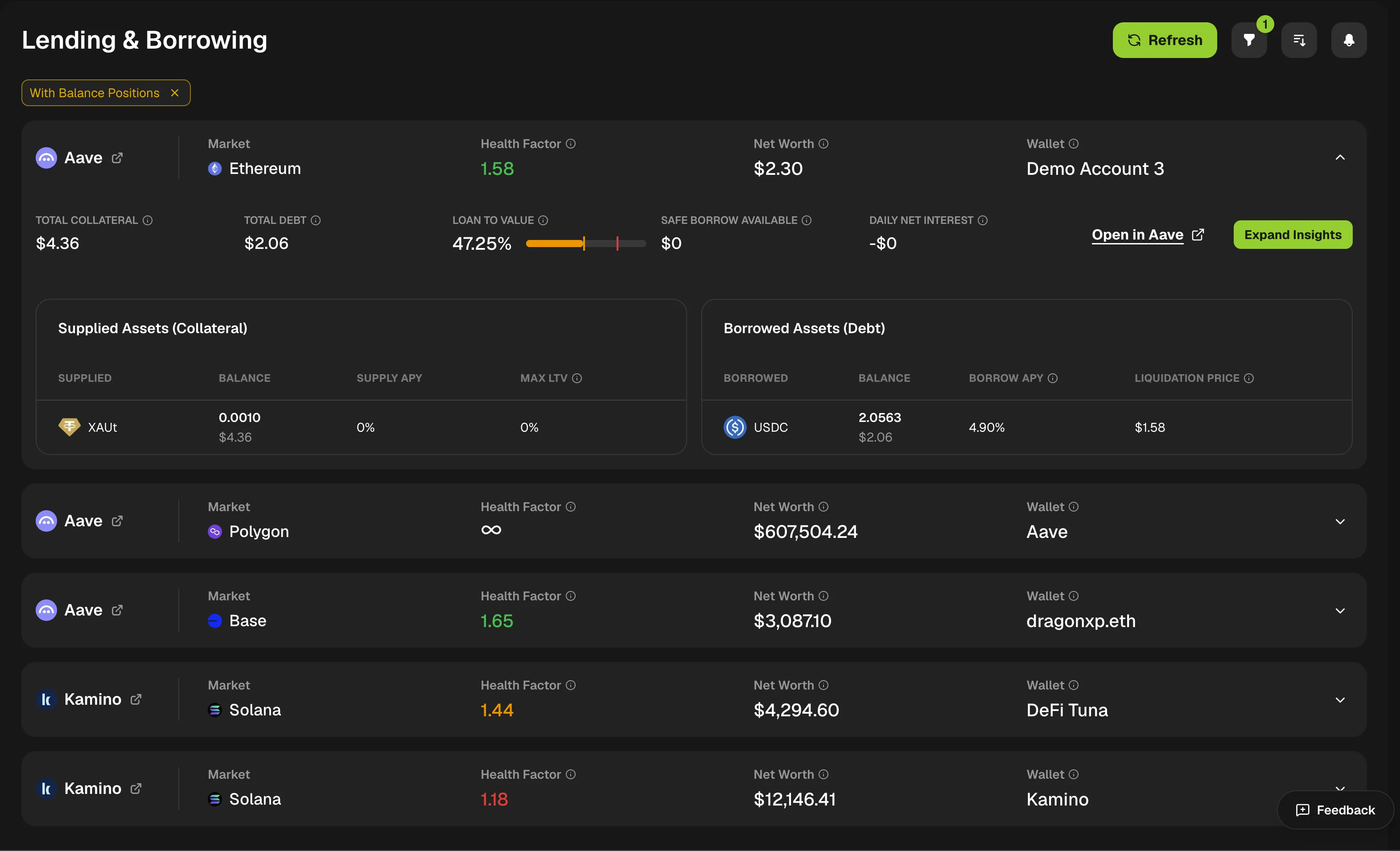 Lending and borrowing list with health factor, net worth and wallet for Aave and Kamino positions, one expanded to show collateral, debt and liquidation price